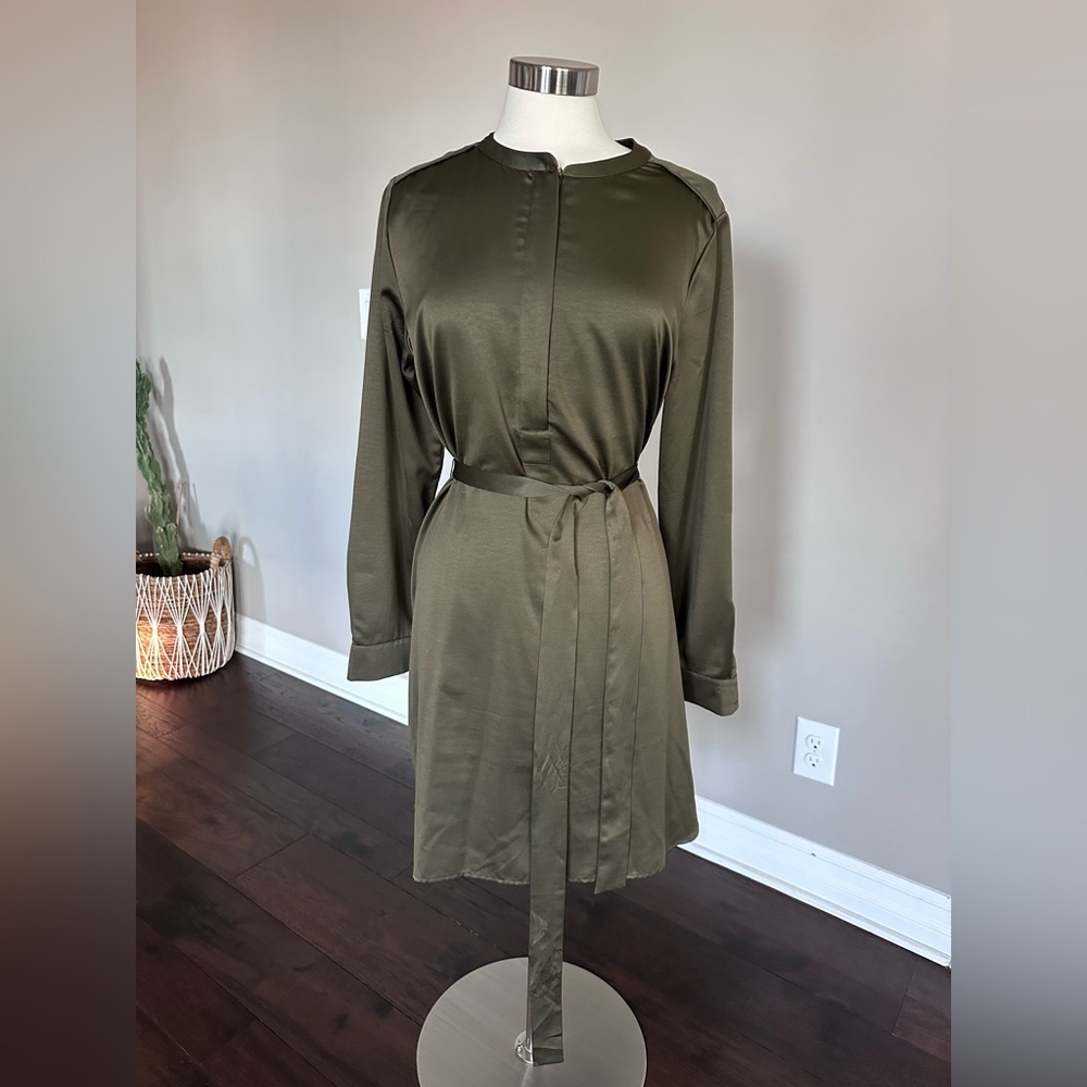 Banana Republic Satin Silky Belted Career Midi Shirt Dress Olive Green 14 - Picture 4 of 16
